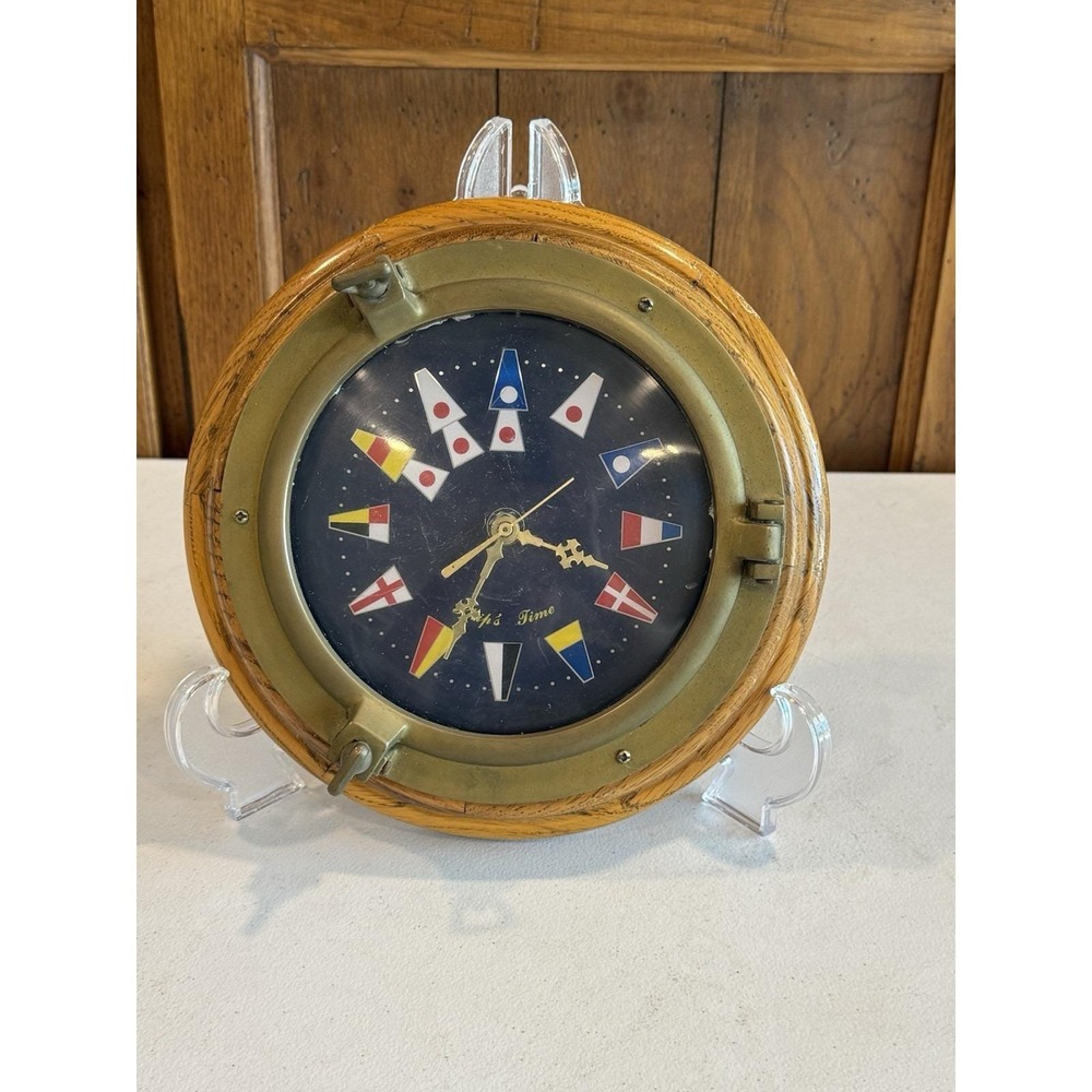 Nautical Porthole Wall Clock with Marine Nautical Signal Flags Brass & Oak 9.5"